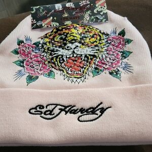 2 NEW Ed Hardy Light Pink and Grey Beanies with Tiger and Floral Design